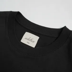 Ein weißes Nackenlabel, das in einem schwarzen Tshirt im Nackenbereich eingenäht ist.