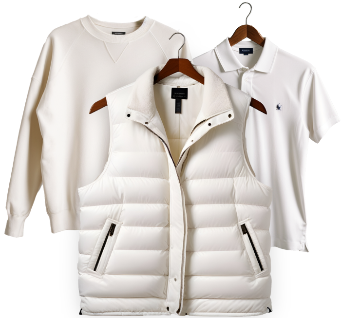 Berufsbekleidung mit eigenem Logo Berufsbekleidung mit eigenem Logo in der Luft hängend. Hochwertige Berufsbekleidung als Daunenweste, Pullover und Polo mit Firmenlogo bedruckt oder bestickt.