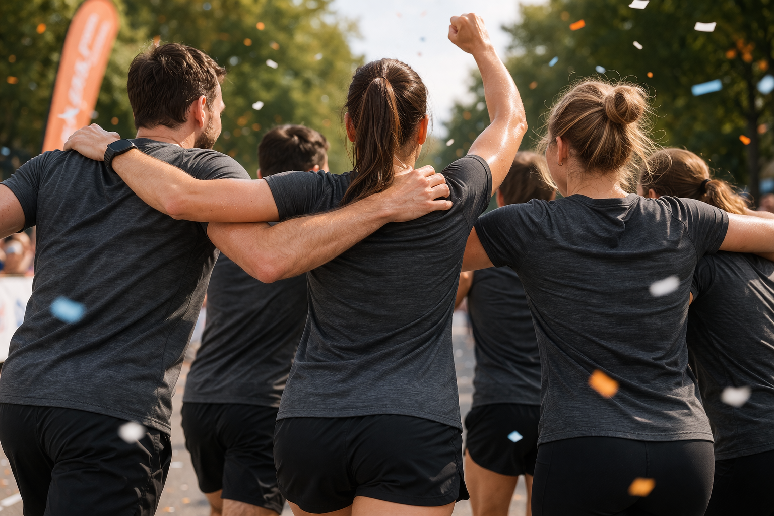 Mitarbeitende tragen einheitliche Laufshirts beim Firmenlauf und feiern gemeinsam den Zieleinlauf - Teamwear als Teil einer erfolgreichen Employer-Branding-Strategie.