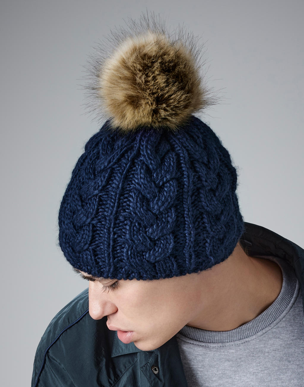Beechfield B410 Fur Pop Pom Cable Beanie